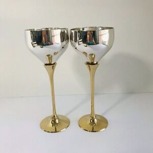 NIB Vintage Silver Plated Brushed Brass Goblet Wine Water Set Of 2 Two-Tone NEW